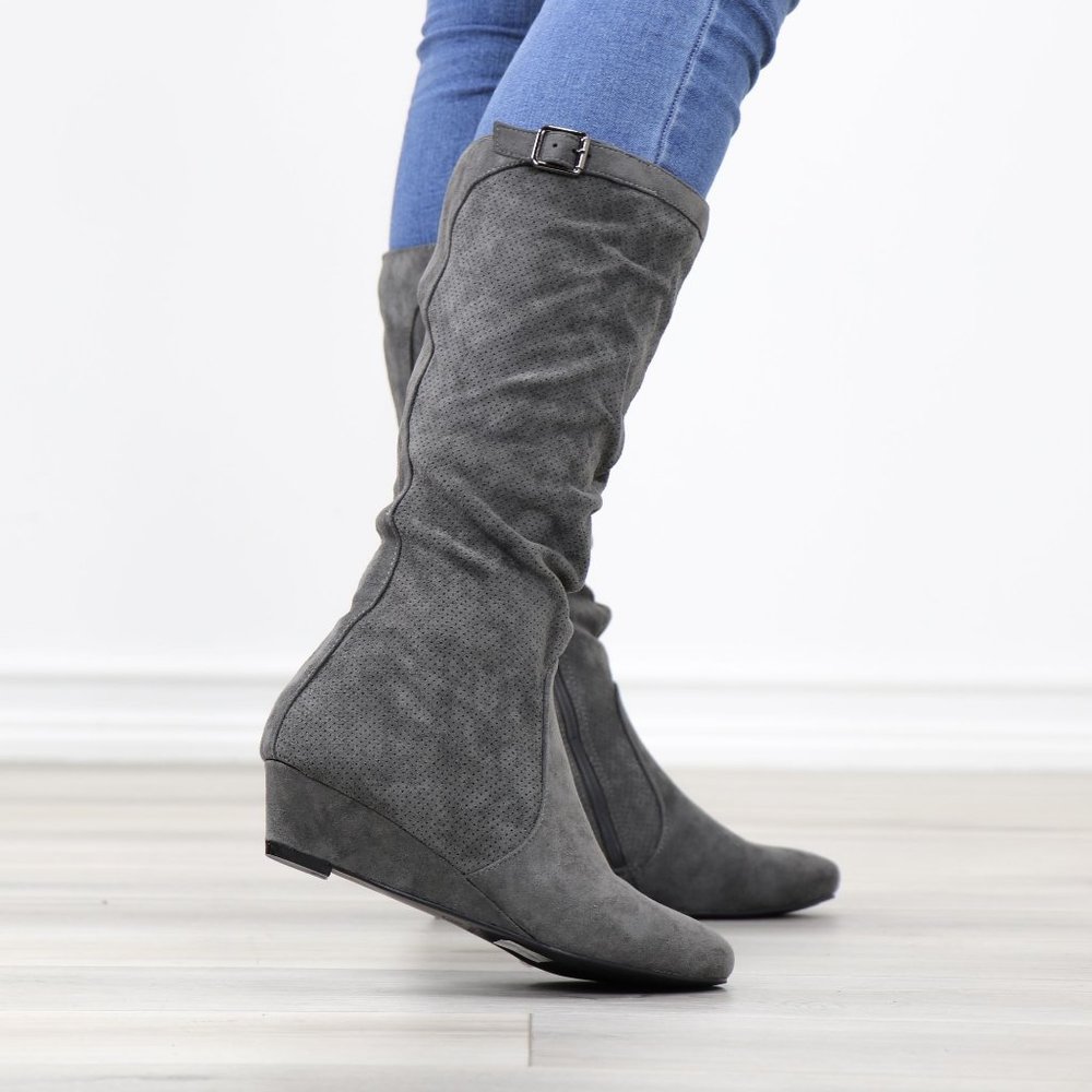 Grey Faux Suede Round Toe Low Kitten Wedge Heel Mid Calf Boots - Picture 5 of 12